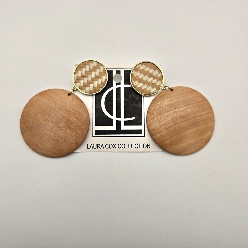 LAURA COX COLLECTION Wood Rattan Dangle Earrings Boho Statement NWT -2894